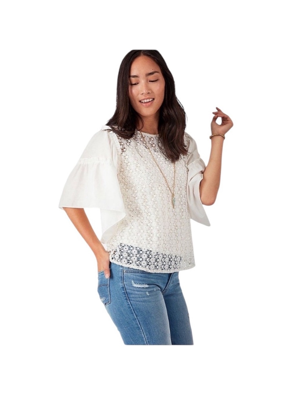 Stella & Dot NWT Gertie bohemian lace overlay exaggerated sleeve blouse large